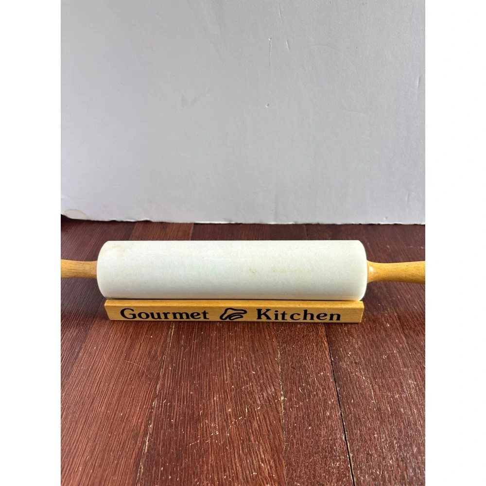VTG Gourmet Kitchen White Marble Baking Rolling Pin Wooden Handles Cradle Stand